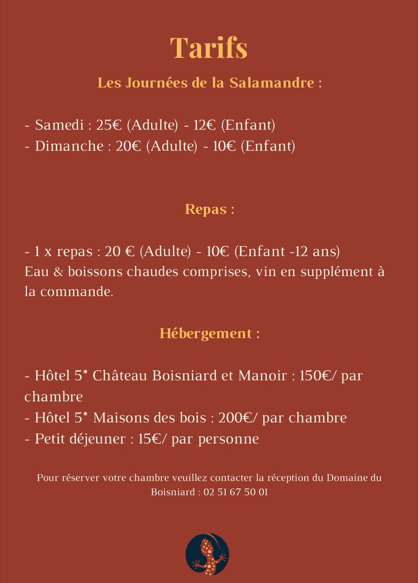 SALAMANDRE 2024 : le programme est arrivé !
Réservez vos places en cliquant ici :
my.weezevent.com/salamandre2024

LES JOURNÉES DE LA SALAMANDRE 
23+24 mars 2024
au CHÂTEAU DU BOISNIARD
(à 3kms du Puy du Fou)

Venez célébrer l’équinoxe de printemps !