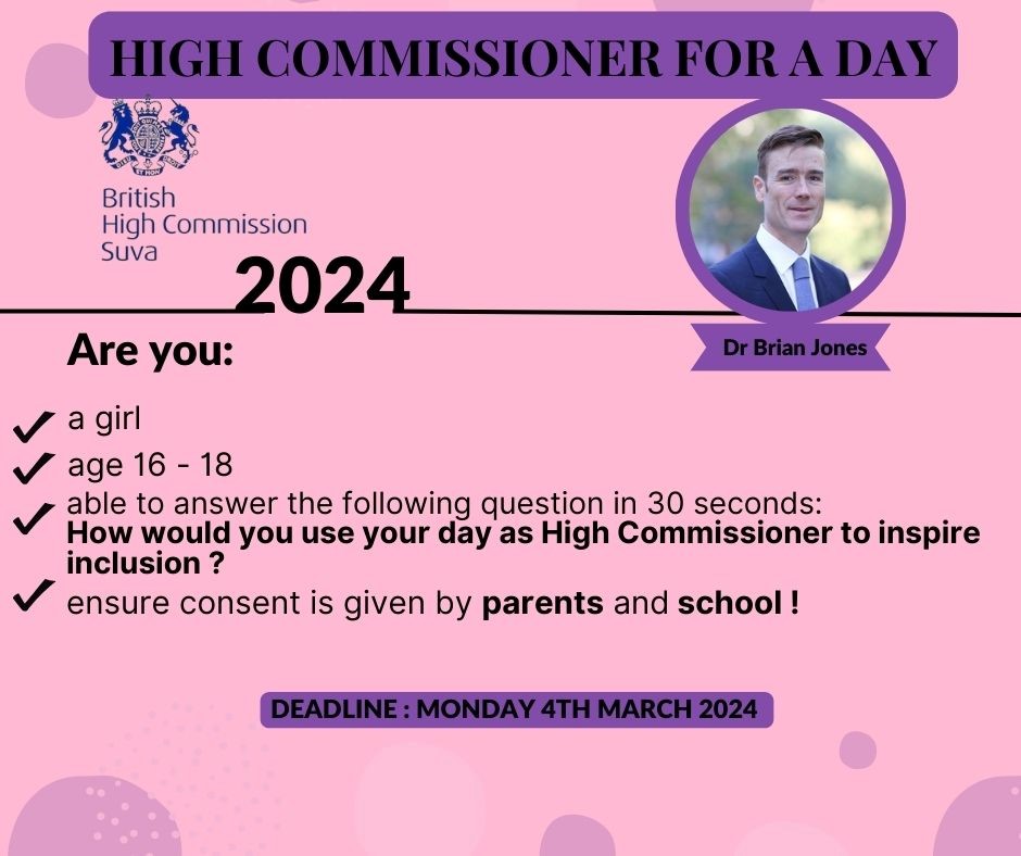UK in Fiji (@ukinfiji) on Twitter photo ✨For #InternationalWomensDay, we are offering a chance for 1 girl to be HC for a day on 8 March, leading our diplomatic mission.
✨To apply, answer the question below via email: PublicDiplomacySuva@fcdo.gov.uk
✨We will cover the costs for the day.
#InspireInclusion #IWD2024 ✨For #InternationalWomensDay, we are offering a chance for 1 girl to be HC for a day on 8 March, leading our diplomatic mission.
✨To apply, answer the question below via email: PublicDiplomacySuva@fcdo.gov.uk
✨We will cover the costs for the day.
#InspireInclusion #IWD2024