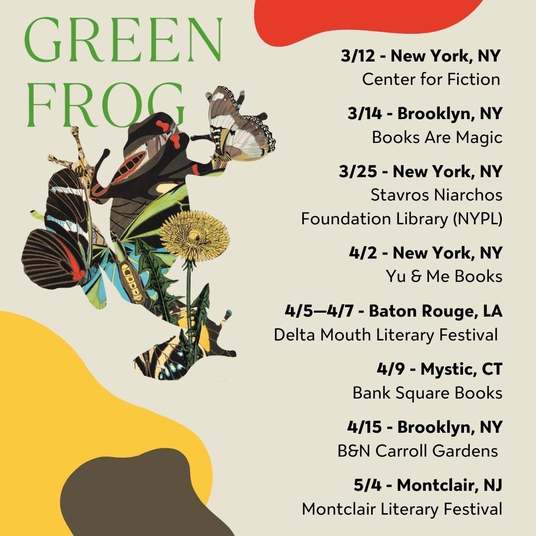 My debut short story collection GREEN FROG (@VintageAnchor) is hopping into stores on March 12! Come help me celebrate my amphibian Pisces baby at one or more of my events in NYC, CT, Louisiana, and NJ! gina-chung.com/events 🐸