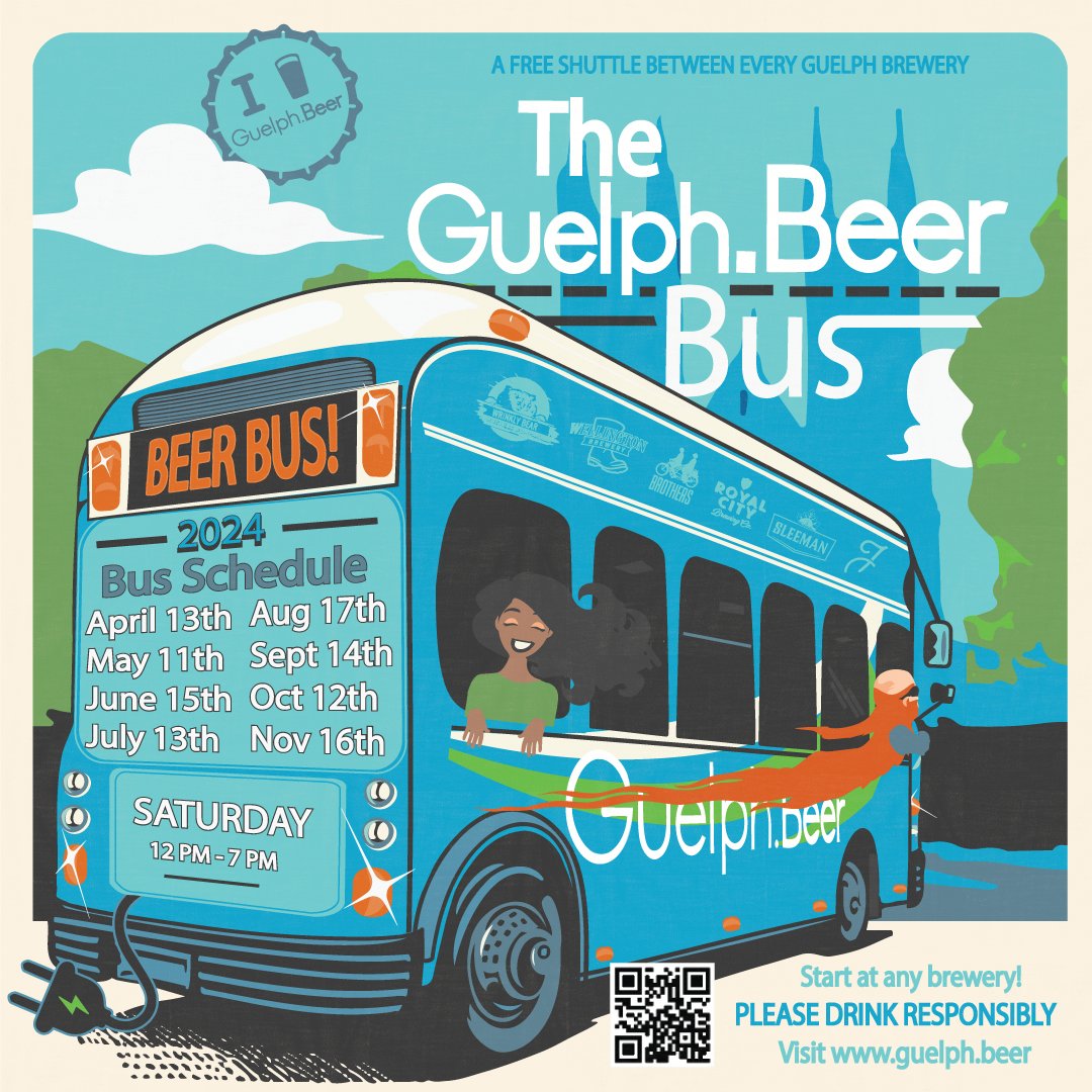 The Guelph.Beer Bus is back to take you on a trip to discover your new favourite brewery! You can catch the bus one Saturday per month from April to November with six brewery stops. Get more details at Guelph.Beer