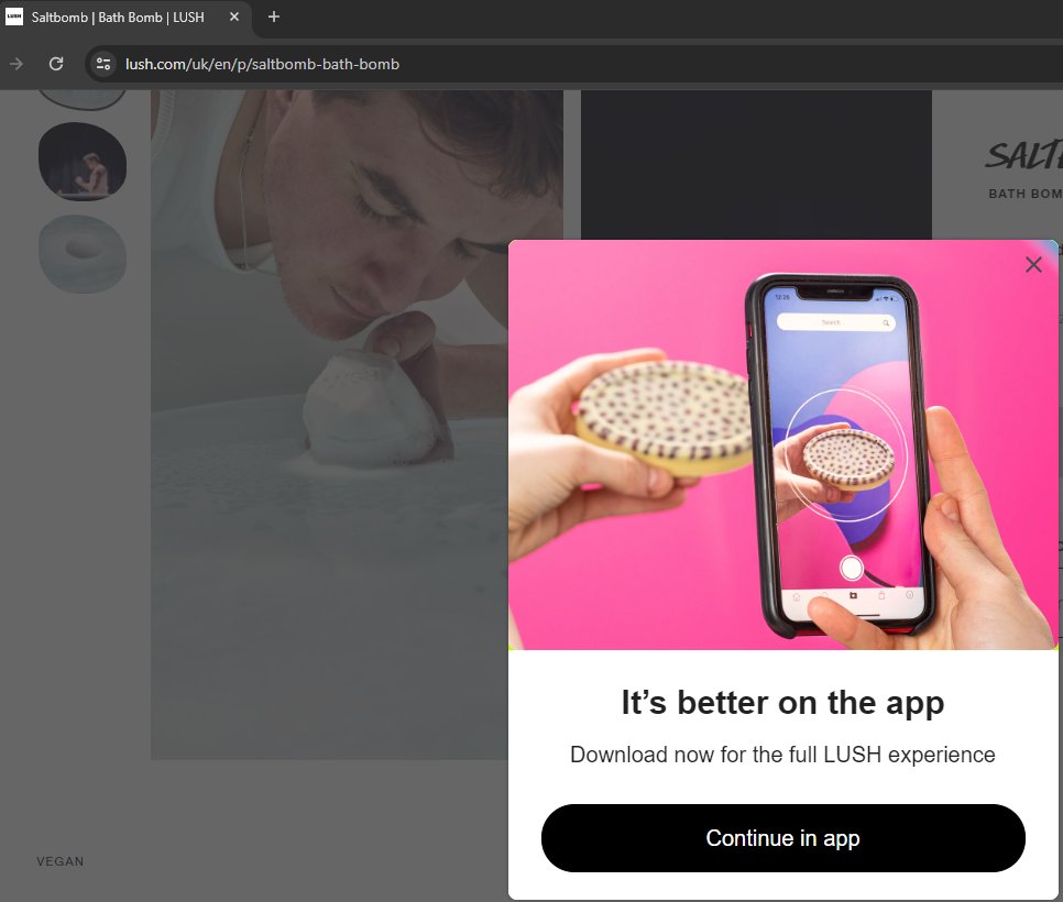 davidiwanow's tweet image. A very annoying UX experience from LUSH trying to force desktop users to continue their desktop experience by downloading their mobile app #UXFail