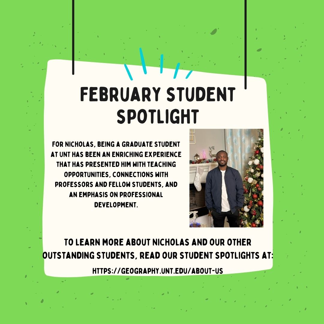 untgeography's tweet photo. Our first Student Spotlight of the Spring 2024 semester features first year graduate student Nicholas Lawson!

To read more about Nicholas, please follow the link below:

https://t.co/dlaNqQ3j7c https://t.co/IC9KjJCUlx
