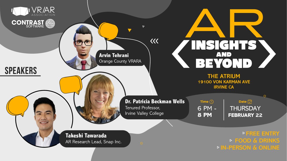 🟡Don't miss this AR event🟡
Join us Feb 22, 6-8pm to understand AR's impact on advertising w/Takeshi Tawarada from <a href="/Snap/">Snap Inc.</a> &amp; Introducing <a href="/IVCupdates/">IrvineValleyCollege</a> our newest member! 
RSVP free ticket here: lnkd.in/gRS8cwub
Virtually: lnkd.in/gb-iaZEc