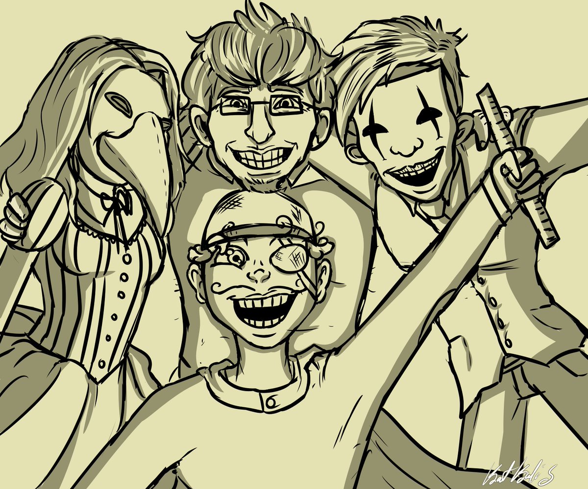Katkalis's tweet photo. The creator keeps their games all together like family! Two versions of the dev because I liked both! #baddreamcoma #baddreamfever #baddreampurgatory #fanart oh and I think I should tag @DesertFoxSoft since I drew them. Feel like someone should know if they're posted as art! https://t.co/eJPqZsjAXR