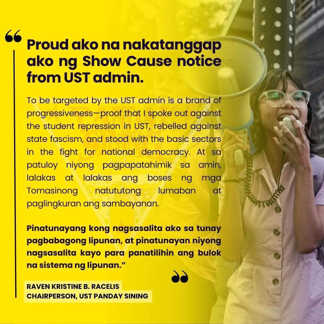 USTPandaySining's tweet photo. PRESS RELEASE
FEBUARY 23, 2024

Ako si Raven Kristine Racelis, mula sa College of  Philosophy ng Faculty of Arts and Letters, kasalukuyang Chairperson ng Panday Sining UST, at ipinagmamalaki ‘kong nakatanggap ako ng Show Cause notice mula sa administrasyon ng UST nitong Lunes. https://t.co/lJ1KU6Dgu7