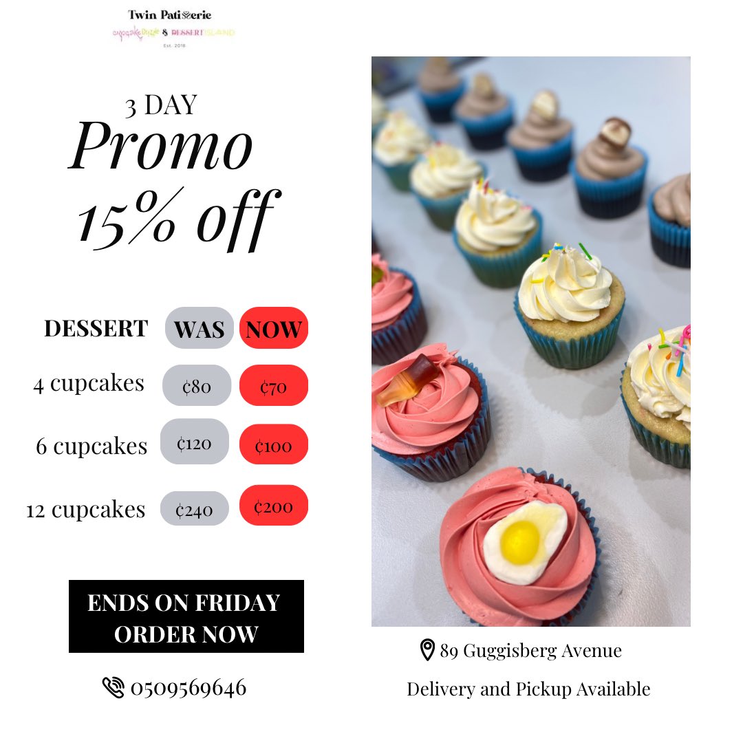 Hi Sweetaholics, we're having a 3 day promo 15% off our 4, 6 and 12 cupcake sets 👯‍♀️ From now till Friday, 23rd February, 2024 ✨ — • Flavors: Double Chocolate 🍫, Red Velvet with White Chocolate 🍦🍫, Strawberry🍓, Raspberry Chocolate🍓🍫 Order now, Call or WhatsApp: 0509569646!