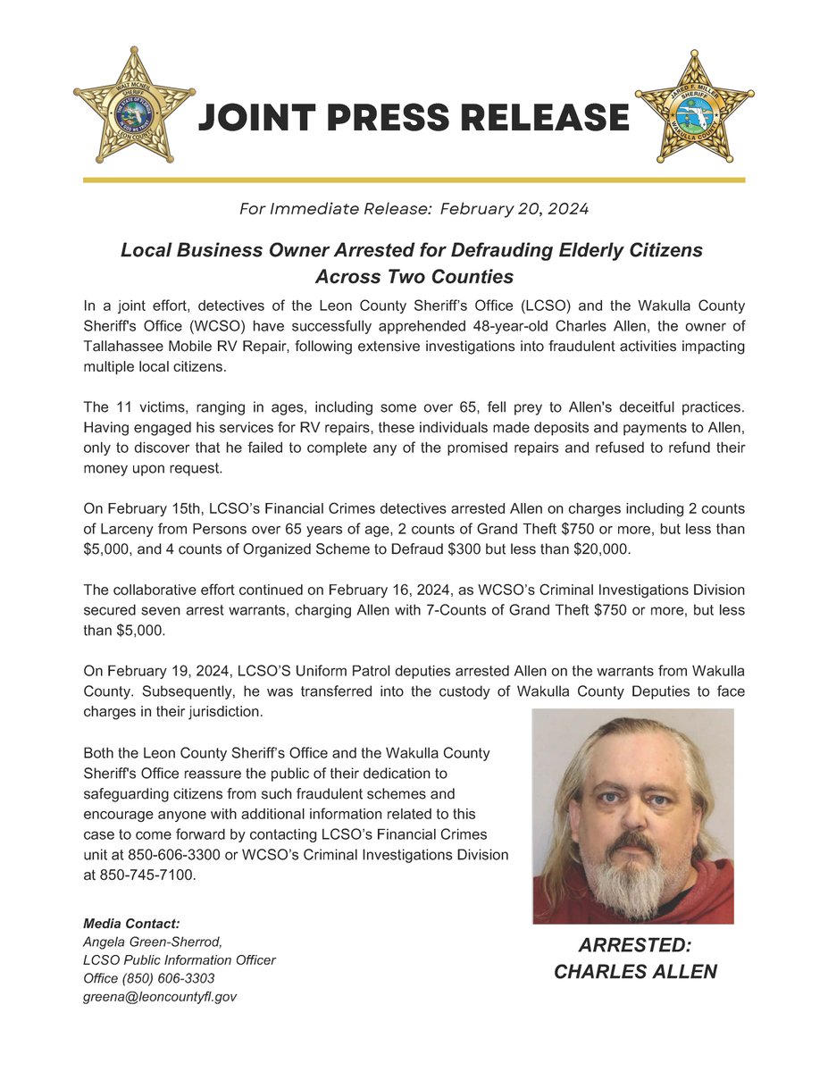 Local Business Owner Arrested for Defrauding Elderly Citizens Across Two Counties To view this press release online visit our website:  leoncountyso.com/Media/Press-re….