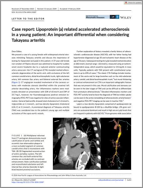 Congrats to Dr <a href="/georgiakharris/">Dr Georgia Harris</a> for this #LipoproteinA #Takayasu publication in Int J Rheum Dis. Complex problems require multidisciplinary input - in this case #Rheumatology #Cardiology #VascularSurgery #DiagnosticRadiology &amp; #Pathology.  onlinelibrary.wiley.com/share/author/Z…