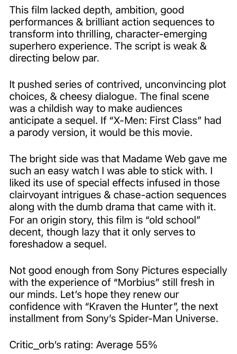 CriticOrb's tweet photo. New movie review

#madameweb, #criticorbreviews, #criticorbmoviereview, #moviereview, #filmcritic, #moviecriticnaija https://t.co/9PhivUVI62