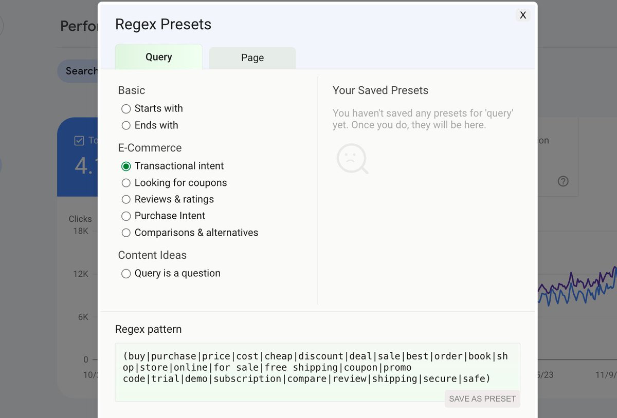 Buen pepino esta extensión de @netanel para Search Console 👌

Permite guardar tus regex favoritos en Searcgh Console, además de contar con unos cuantos presets que se usan una y otra vez, para queries y sobre todo para URLs. 

🔗 👇