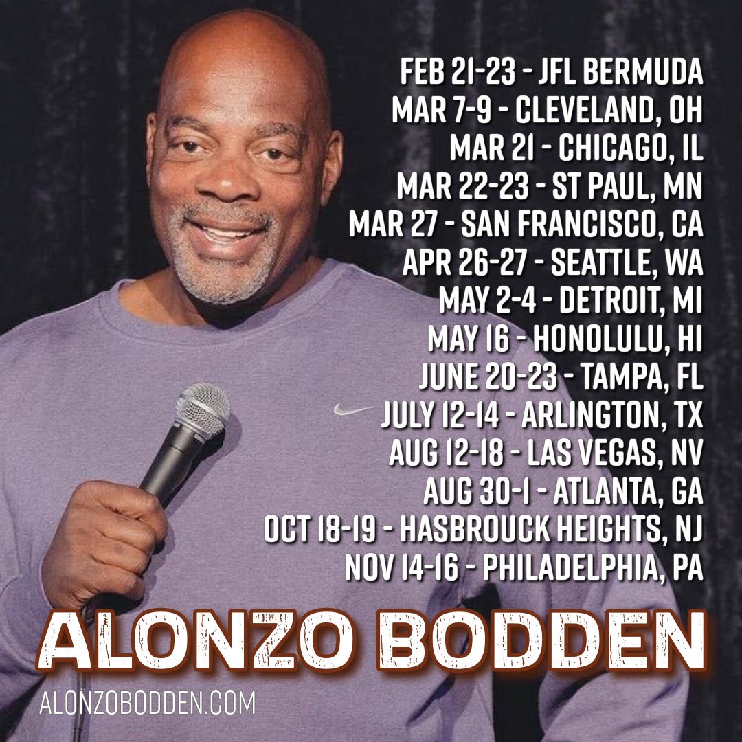 JFL Bermuda this weekend then getting back on the road. March 7-9 in Cleveland at @Hilarities then back to Chicago at @TheDenTheatre. Plus, just added Mar 27 at @CobbsComedyClub in San Francisco. alonzobodden.com 🎫