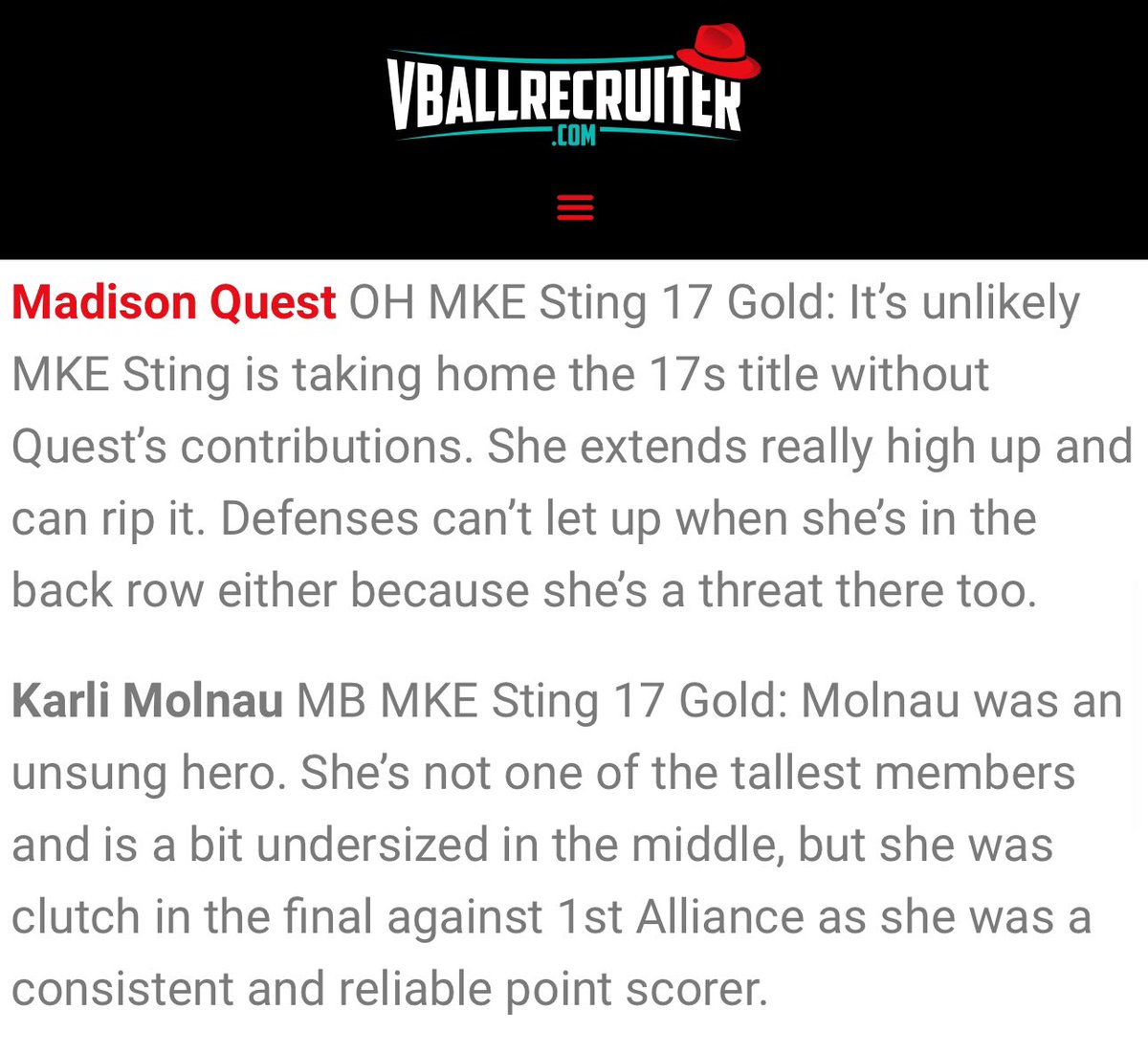 Milwaukee Sting 18 Gold-2025 (@mke_sting_gold) on Twitter photo Thank you <a href="/VBallrecruiter/">Kara Hill</a> for naming our <a href="/madison_quest/">Madison Quest</a> & <a href="/karli_molnau/">Karli Molnau</a> showstoppers on day 3‼️ We couldn’t agree more🙌🙌 Thank you <a href="/VBallrecruiter/">Kara Hill</a> for naming our <a href="/madison_quest/">Madison Quest</a> & <a href="/karli_molnau/">Karli Molnau</a> showstoppers on day 3‼️ We couldn’t agree more🙌🙌