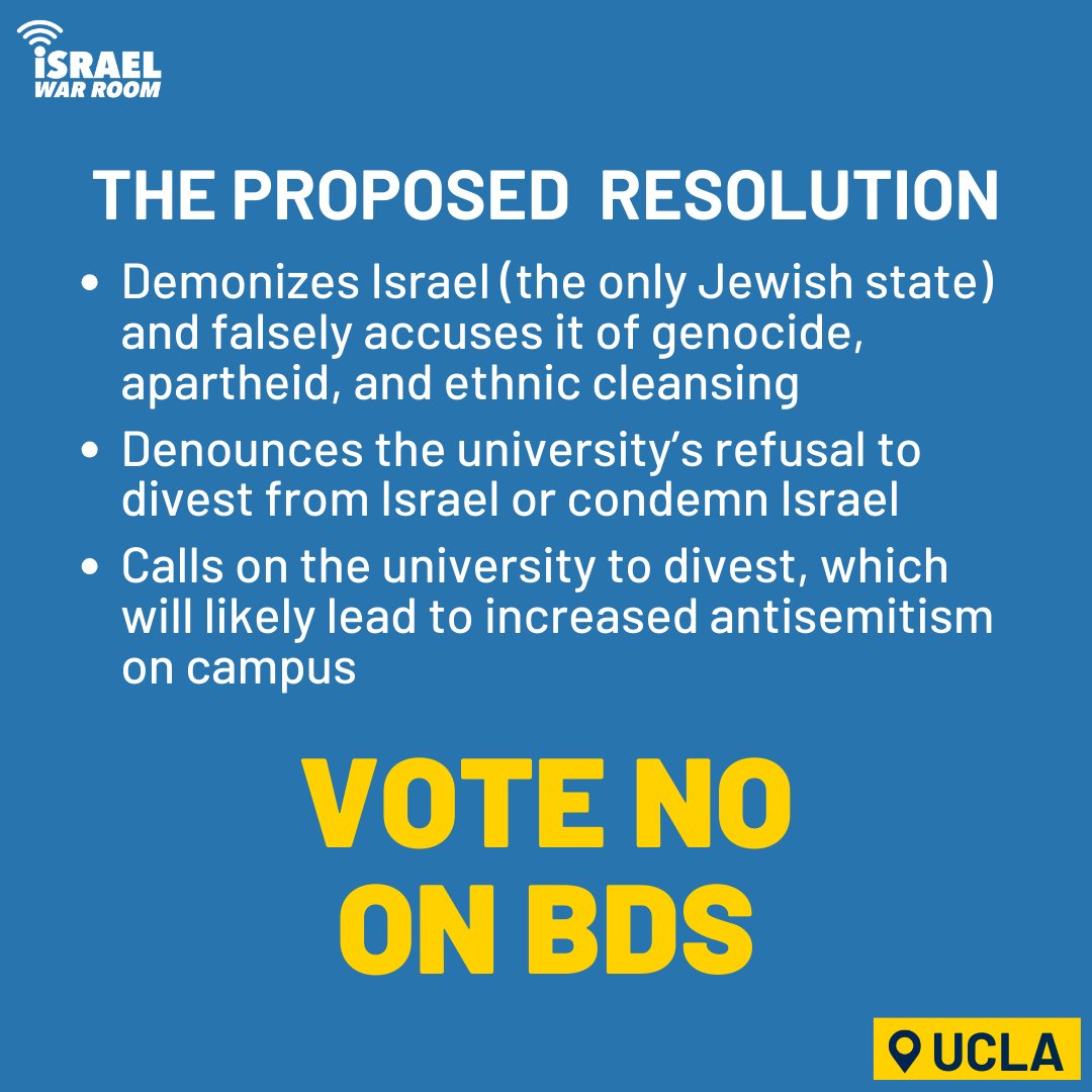TONIGHT, @UCLAUSAC is voting on an antisemitic BDS resolution. With antisemitism on campus at an all-time high, this is the last thing UCLA needs. USAC must vote NO on this inflammatory, antisemitic, and divisive resolution.