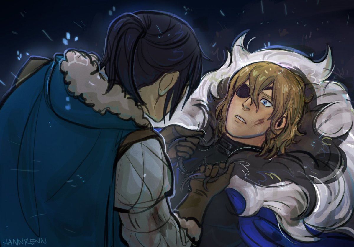 and finally……. #2024DimilixWeek days 2+6 (blood+rain)! 

a little AU scene i was working on where felix finds dimitri in the rain after the battle at gronder instead of byleth :-) they resolve things like adults (physically fighting in the rain)