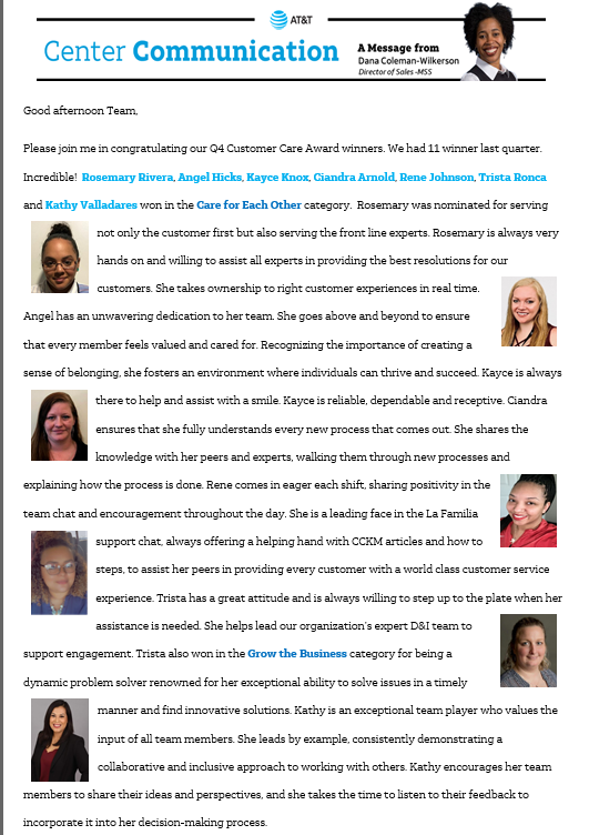DCWBossMode's tweet photo. Congratulations to our Q4 Customer Care Award winners! 🏆 Your dedication and hard work truly embody the #DCWBossMode spirit. Keep shining and setting the bar high! 👏 #CustomerCareExcellence #Q4Winners

@KathyValladare8 

 #MBCGoodStuff #GuinningTogether #LifeAtATT #WinAs1Fam https://t.co/TgpsRkVpCv