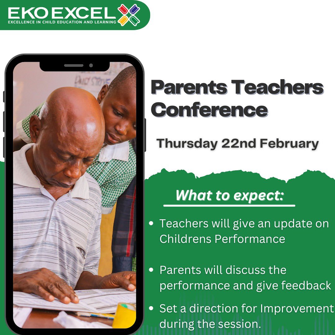 EKOEXCEL_NG's tweet image. Join us for the upcoming Parent-Teacher Conference on Thursday, 22nd February 2024 in all Lagos State Public Primary schools!

It&apos;s a great opportunity for parents to track their children&apos;s progress and discuss academic performance with teachers. 

Don&apos;t miss out!

#EKOEXCEL