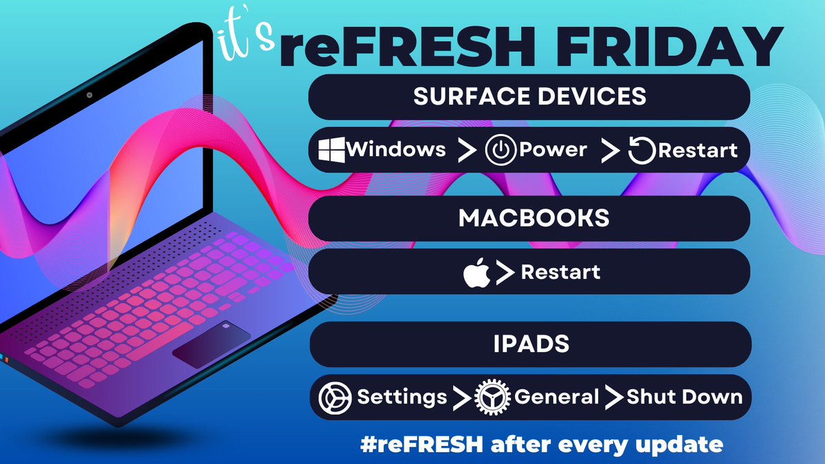 Hey KISD - it's 🔄 reFRESH FRIDAY this week. 
🛑Stop and restart that device this morning to make sure it's running at optimum capacity! #EdTechKISD