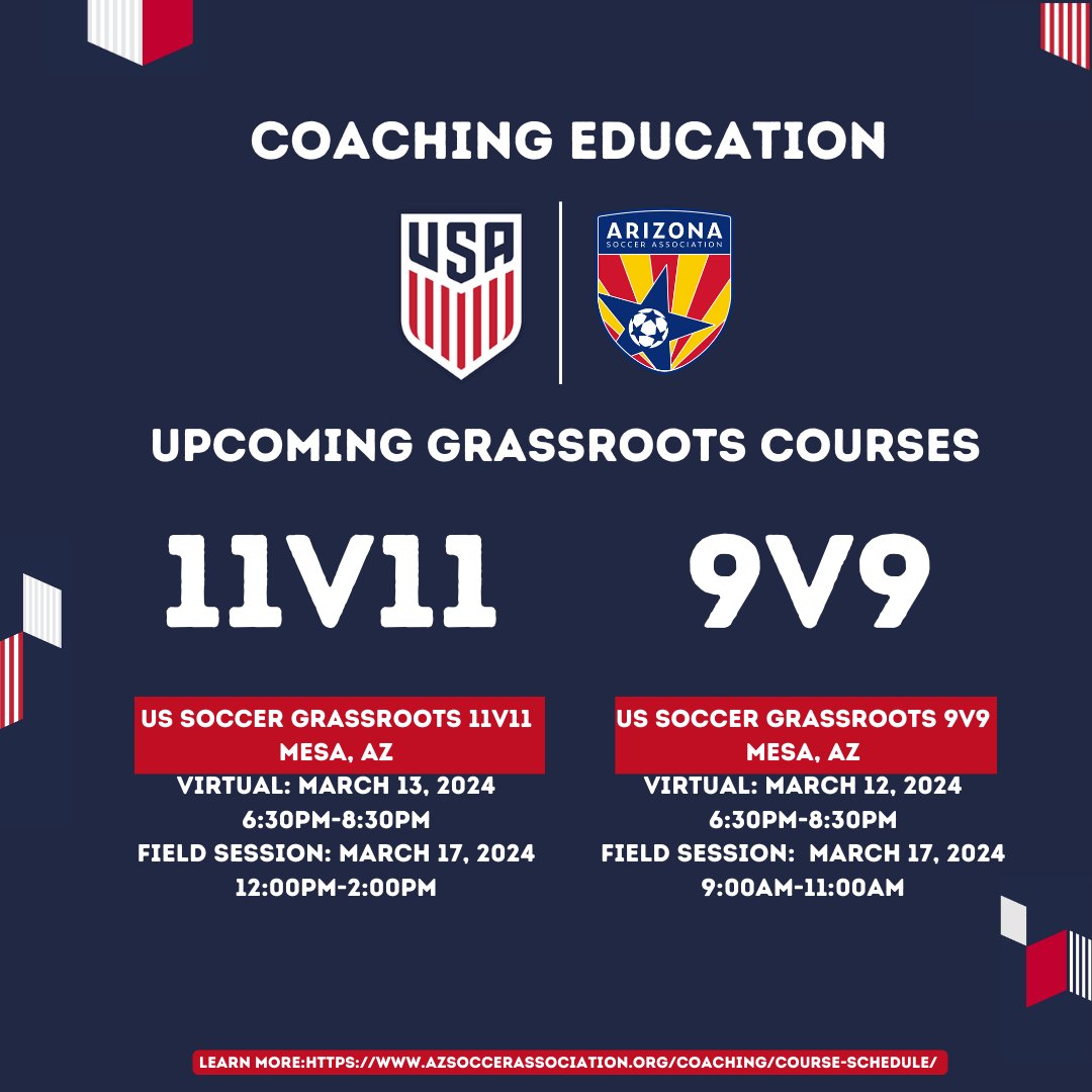Upcoming coaching education. Sign up for a course today!

#ASACoachingEducation

azsoccerassociation.org/coaching-cours…