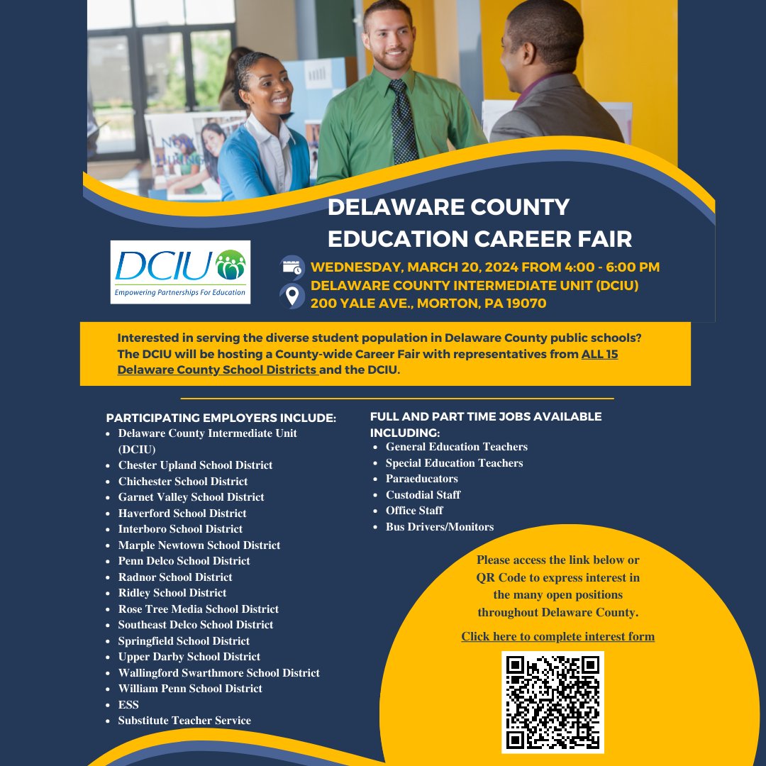 👉 Career Fair Announcement! 
The career fair offers a great opportunity for current and future educators to meet today’s decision-makers in the 15 public school districts and DCIU. Please use the link below  or scan the QR code to express your interest.

bit.ly/3OPVzau