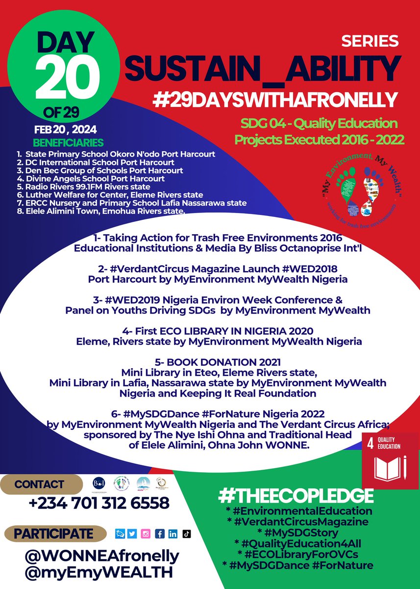 WONNEafronelly's tweet photo. DAY 20 OF 29
#Sustain_ABILITY SERIES
SDG 4 - Quality Education
Projects Executed by MyEnvironment MyWealth Nigeria @myEmyWEALTH for SDG4
1- Taking Action for Trash Free Environments 2016 Educational Institutions & Media By Bliss Octanoprise Int'l
#TheECOpledge https://t.co/3rmkRFOtpV
