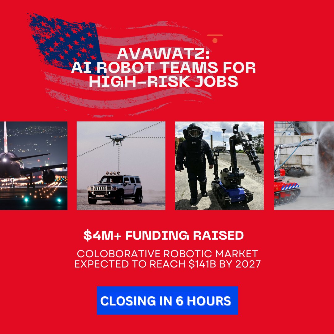 Avawatz_Co's tweet image. AvaWartz's technology is used by the US Air Force and Army. The capital raise campaign on Wefunder closes Tonight. As an early investor, you can still get a 25% discount. Join other 850 Investors. wefunder.com/avawatz  #crowdequity #ai #robotics #humansafety #closetonight