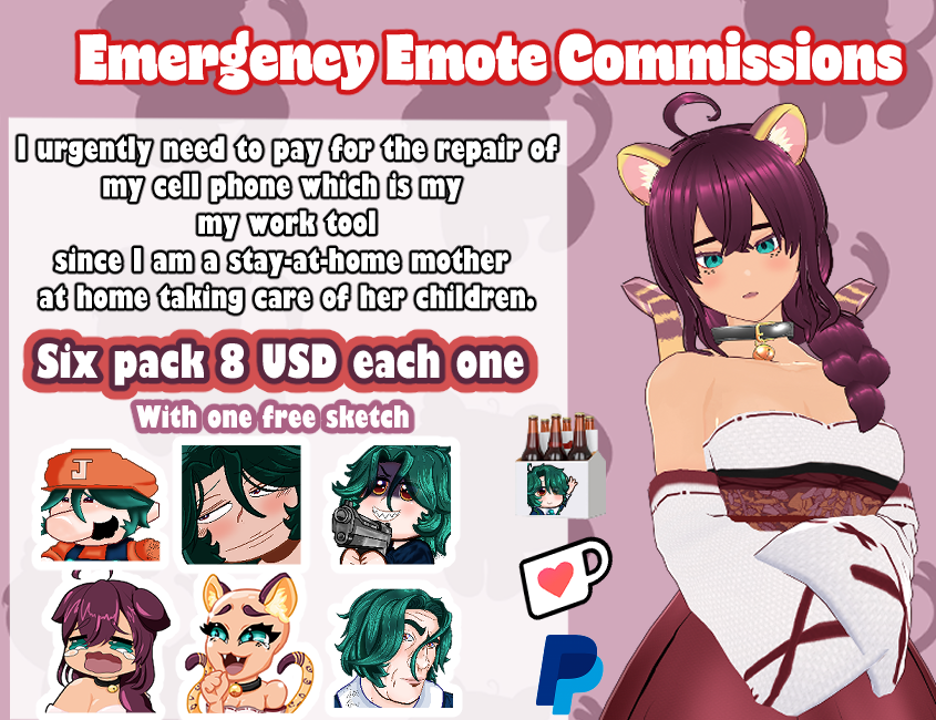 MKikunomiVtuber's tweet photo. Michitos I'm sorry but today I come to open #emergencycommissions.
Six pack of emotes at 8 usd each with a free sketch.
https://t.co/Fi6dZbMjor
The 🔄👍 are appreciated and thank you very much for your help.
#twitchemotes #discordemotes #emotes #kofi #opencommissions https://t.co/pv7k4BdZ7R