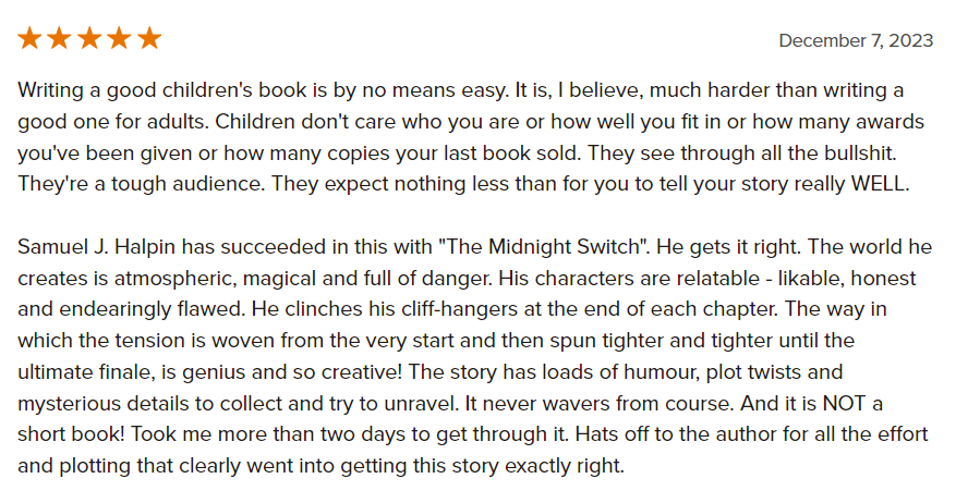 samueljhalpin's tweet image. Sometimes its just so worth it when you read lovely, lovely reviews like this of #TheMidnightSwitch ♟️!!!