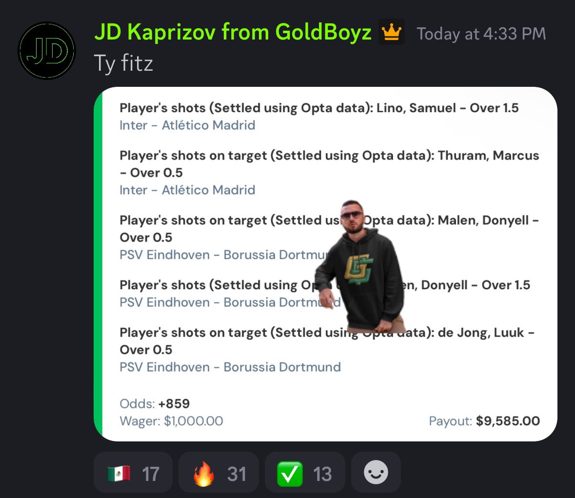 GoldBoys's tweet photo. Cash this Soccer SGP+ from @JDGoldboys &amp; @fitzadelphiaa ⚽️⚽️

$1,000 ➡️ $9,585 💰💰

Posted in the discord ➡️ https://t.co/ChgX7UxU00 https://t.co/m6GUt6mM4Z