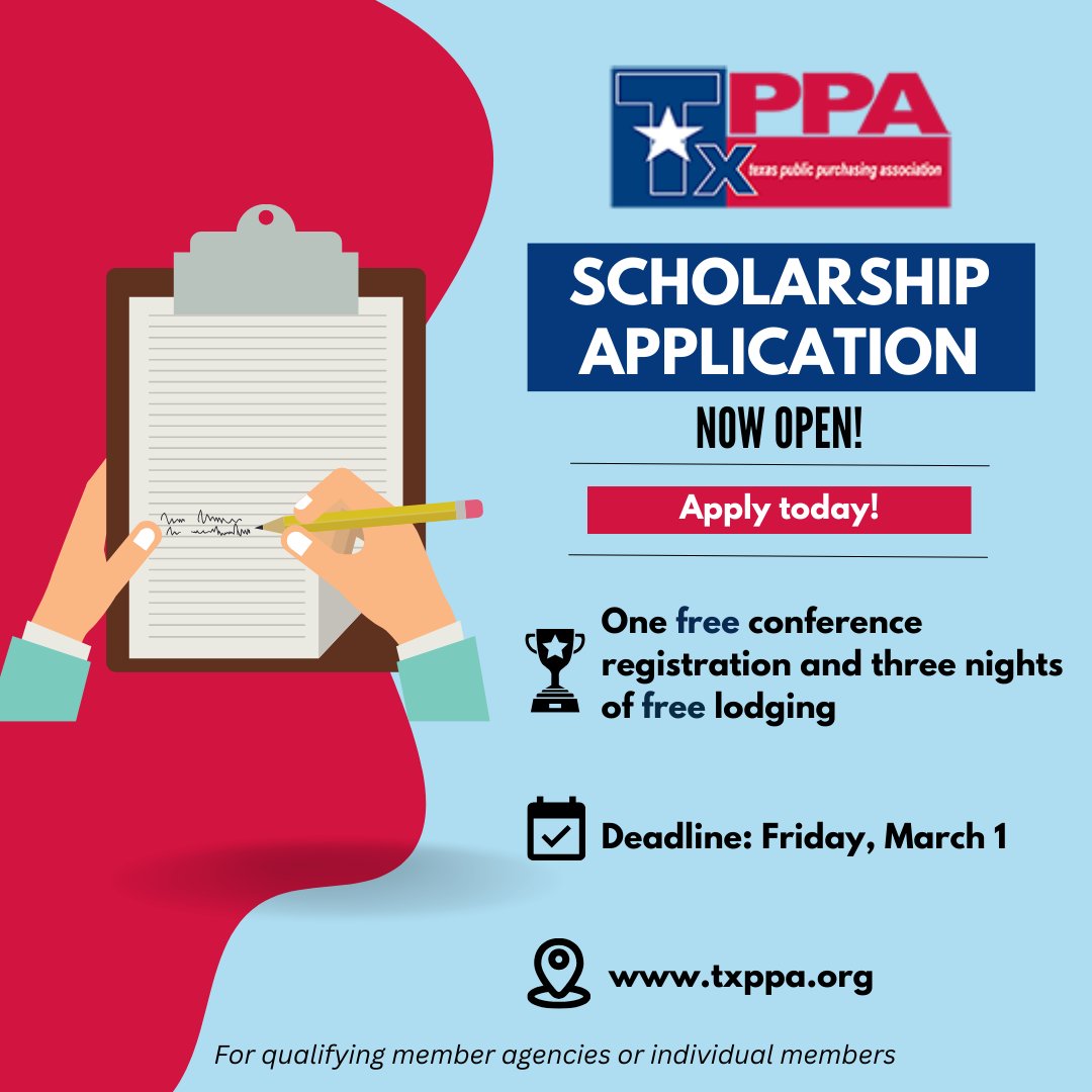 Scholarship applications are now open! Apply today for the chance to be awarded a free conference registration and three nights of free lodging. Apply at txppa.org before time runs out: bit.ly/3UJxDZX  #TxPPA #texaspublicpurchasingassociation #TxPPAScho ...