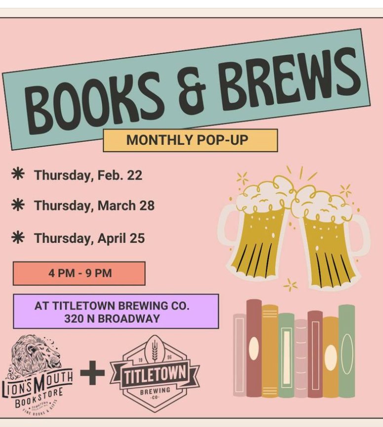 This Thurs 4 - 9 pm.!!!! Lions Mouth "Books &amp; Brews officially back-2024!" At Titletown Brewing Co-browse our pop-up shop books,delicious drinks, &amp; enjoy bookish conversation. No registration is required. #Booksandbrews #boozybookfair #greenbayevents #greenbaywi #downtowngreenbay