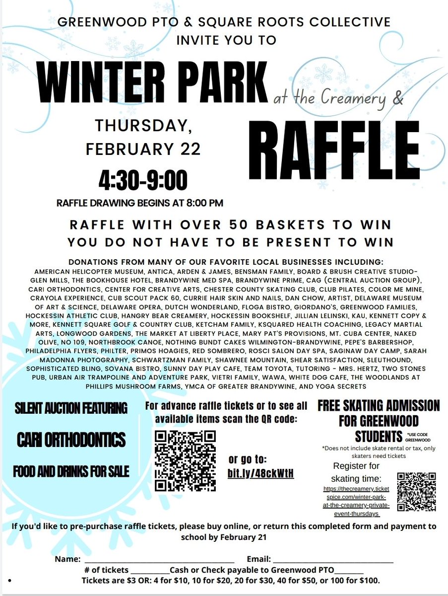 Come to the Greenwood PTO Winter Raffle at the Creamery on Thursday, February 22, from 4:30-9:00!