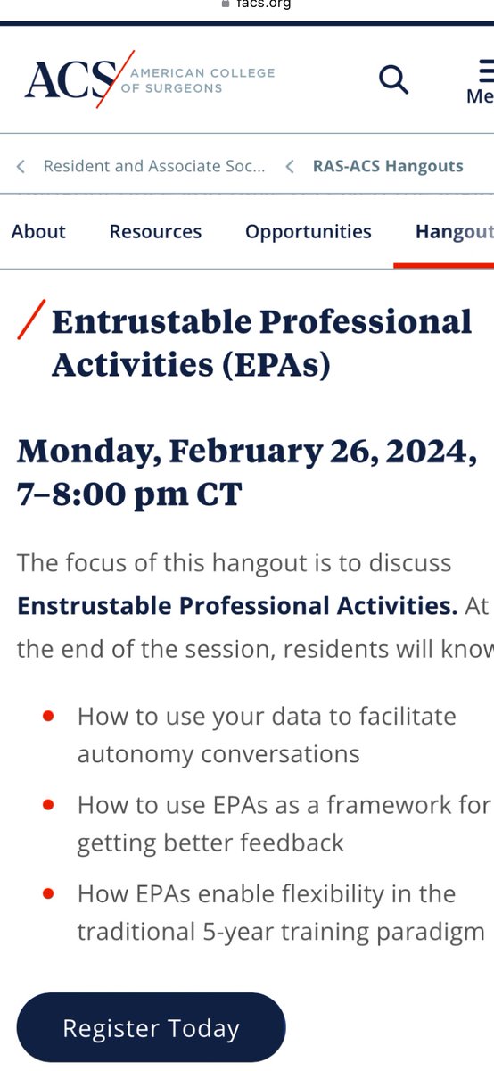 Super excited to talk about EPAs at this month’s @RASACS Hangout and honored to be there alongside a couple of my favorite surgical educators: @TheZenOfSurgery @AmyHolmstromMD facs.org/for-medical-pr…