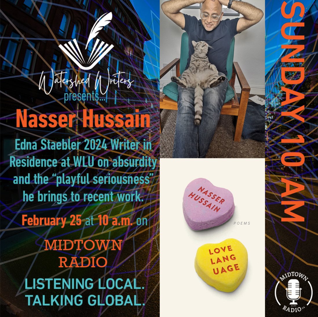watershedwrite1's tweet photo. Join host Tanis MacDonald on Watershed Writers when she talks to Nasser Hussain — Wilfrid Laurier University's 2024 Edna Staebler Writer in Residence — about the PLAYFUL SERIOUSNESS which informs his recent work. @MidtownRadioKW Sunday Feb 25 at 10.00am @KitchLibrary #creatives https://t.co/CfMM6ekAUM