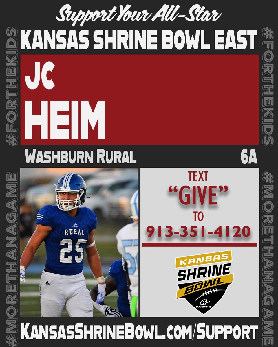 I have been blessed with the opportunity to play in the Kansas Shrine Bowl which supports a great cause. You can show your support to this great event by visiting the website below or texting “GIVE” to the number below. #ForTheKids