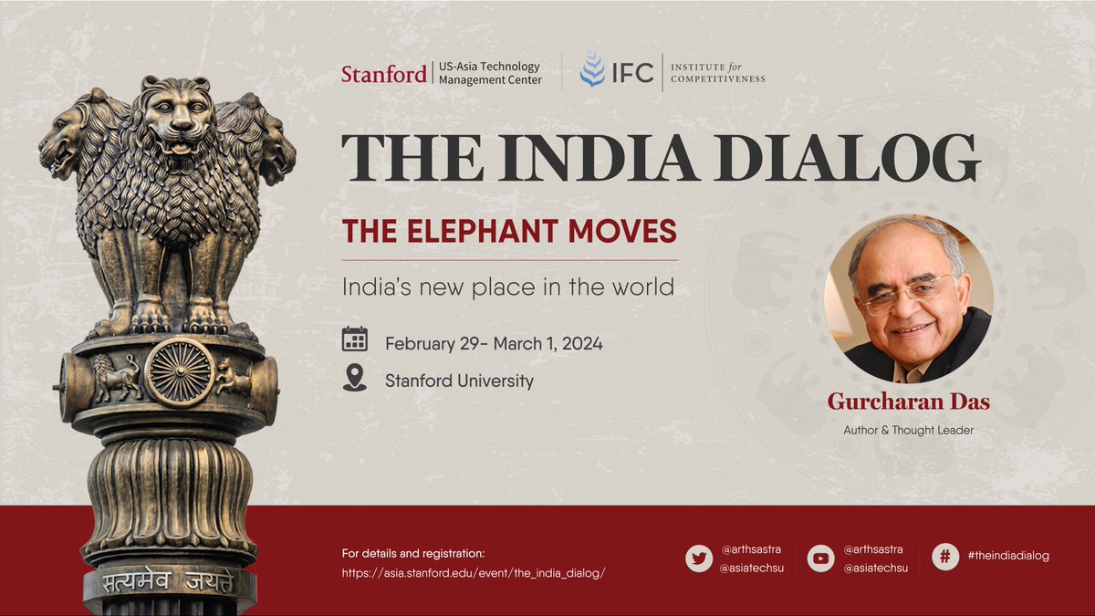 Amit Kapoor (@kautiliya) on Twitter photo <a href="/AsiaTechSU/">Stanford US-Asia Technology Management Center</a> & <a href="/arthsastra/">Competitiveness</a>'s annual #TheIndiaDialog summit at <a href="/Stanford/">Stanford University</a> happens on Feb 29 & Mar 1, 2024. <a href="/gurcharandas/">Gurcharan Das</a> to share his perspectives on “Does India Still Grow at Night When the Government Sleeps?” #TheElephantMoves. Live stream available at youtube.com/arthsastra. <a href="/AsiaTechSU/">Stanford US-Asia Technology Management Center</a> & <a href="/arthsastra/">Competitiveness</a>'s annual #TheIndiaDialog summit at <a href="/Stanford/">Stanford University</a> happens on Feb 29 & Mar 1, 2024. <a href="/gurcharandas/">Gurcharan Das</a> to share his perspectives on “Does India Still Grow at Night When the Government Sleeps?” #TheElephantMoves. Live stream available at youtube.com/arthsastra.