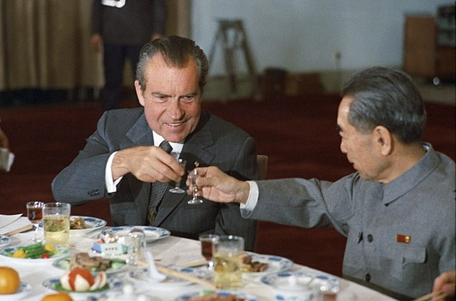 PastBiographies's tweet image. President Richard Nixon, during his tenure in office, engaged in a historic moment as he toasted with Premier Zhou Enlai of China. This significant event took place during Nixon's visit to China in February 1972, symbolizing a turning point in Sino-American relations