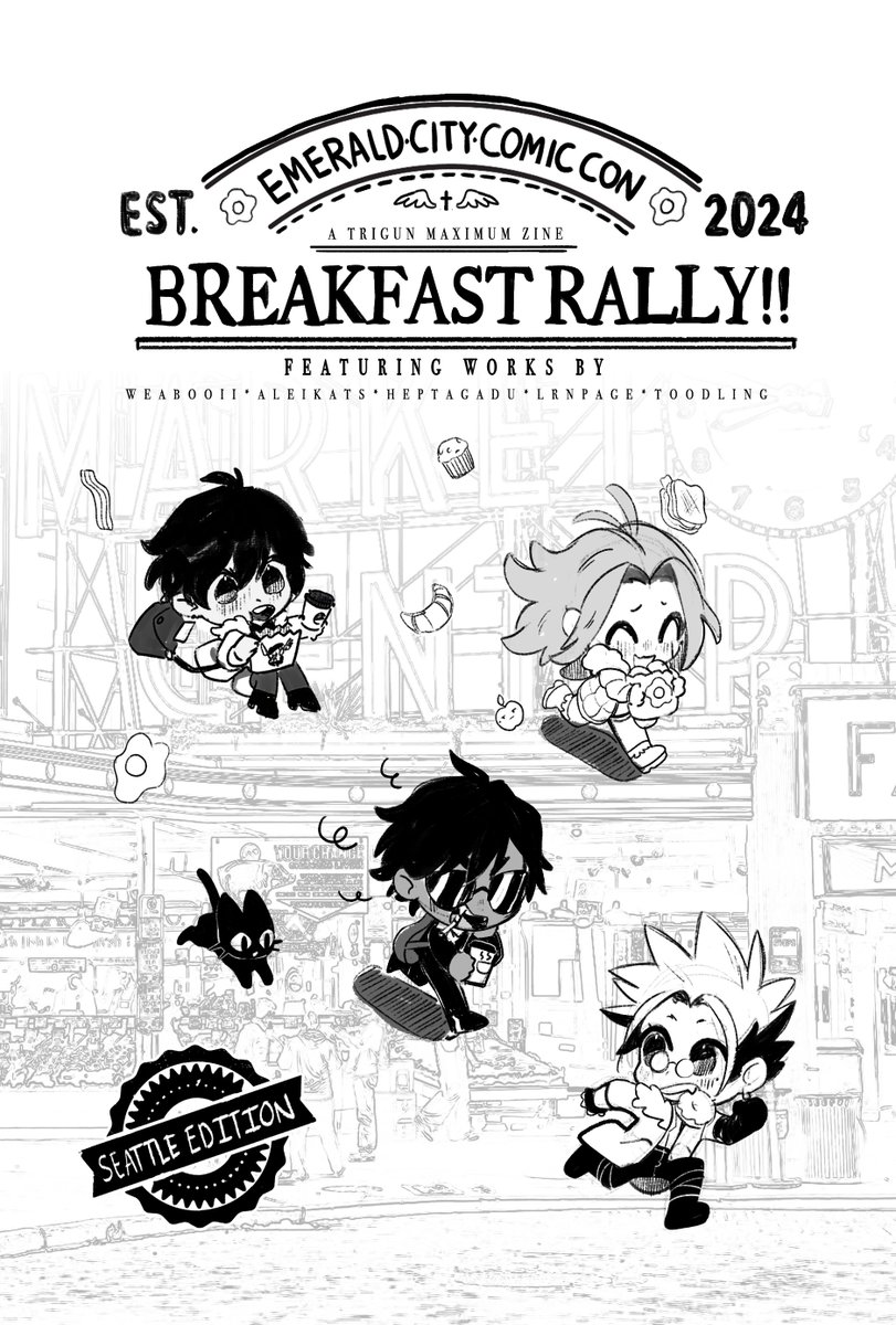 If you're attending Emerald City Comic Con this year, 
come join the the trimax breakfast stamp rally! 
Prizes include a limited sketch zine, die cut stickers, and mini prints! keep an eye out for further details.
#trigun #eccc2024 