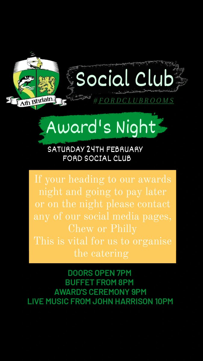 bryansfordgaa's tweet photo. LET us know your coming
If your heading to our awards night and going to pay later or on the night please contact any of our social media pages, Chew or Philly
This is vital for us to organise the catering 
https://t.co/shNLAF5wMH https://t.co/Kf6WksDCMg