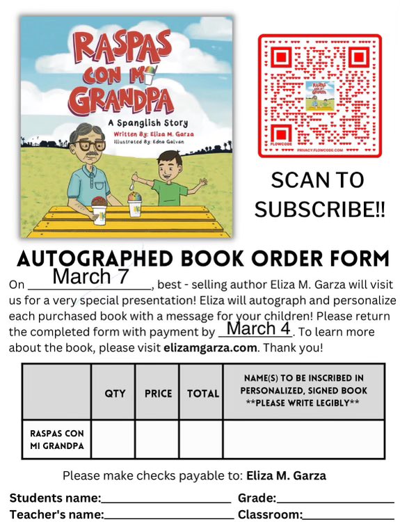 villarealhawks1's tweet photo. Local, award-winning author, Eliza Garza, will be presenting to our students March 7th during Read Across America week. Pre-orders for her book were passed out yesterday. Please see flyer for more details. Money can be turned in to your child’s teacher or Mrs. Hernández. 📚 https://t.co/s508ij080P