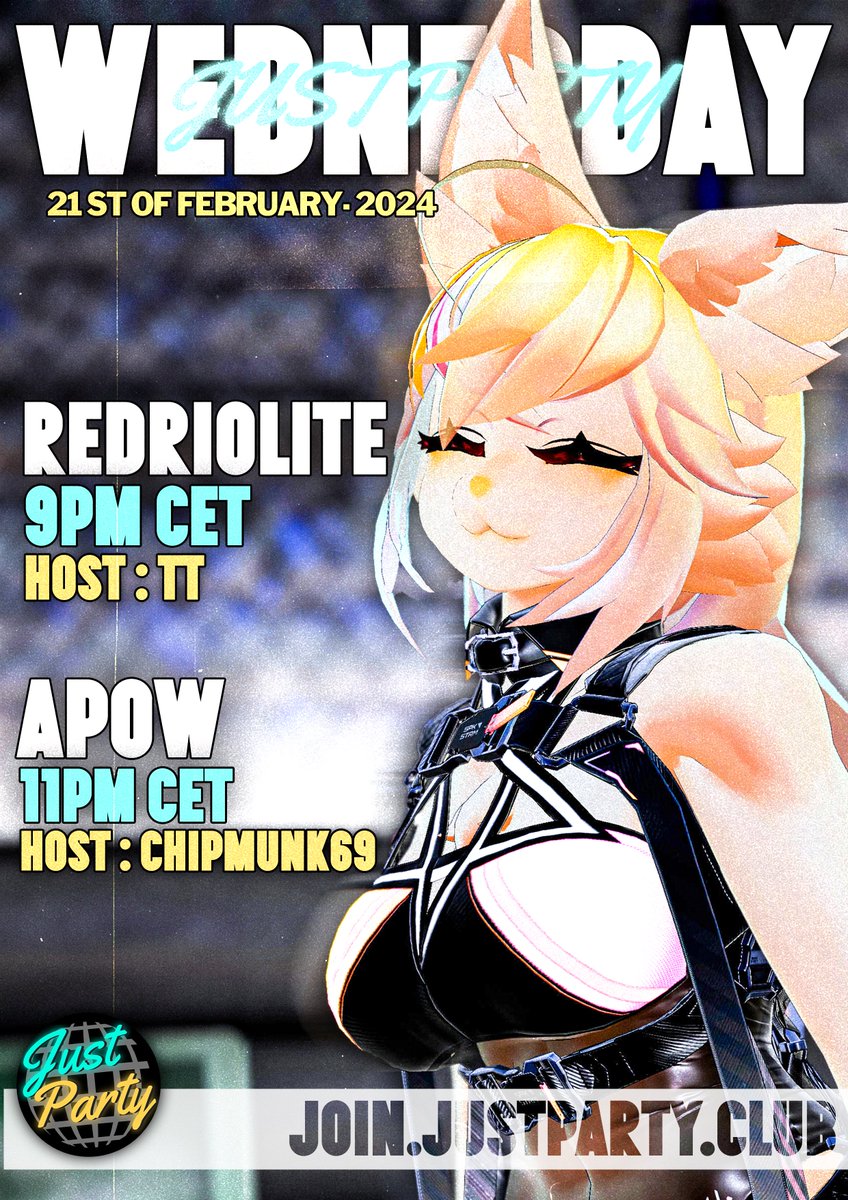 Just Party Friday! 21:00 - 01:00 CET DJ's - @RedRiolite @ApowOfficial Discord - discord.gg/r5ZebXNaYWGroup Group - vrc.group/PARTY.0348 Poster -@ChaikaRaven Picture -@dot_start