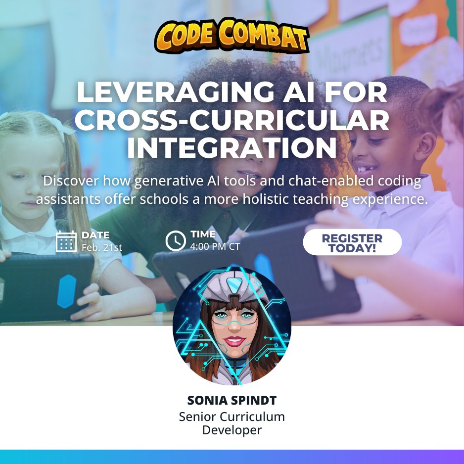 Don't miss our webinar tomorrow! Join us for 'Leveraging AI for Cross-Curricular Integration' with Sonia Spindt, our Senior Curriculum Developer. Feb 21st, 4 PM CT. Register: us06web.zoom.us/webinar/regist… Can't make it? Sign up for the recording! #AIinEducation #EdTechWebinar