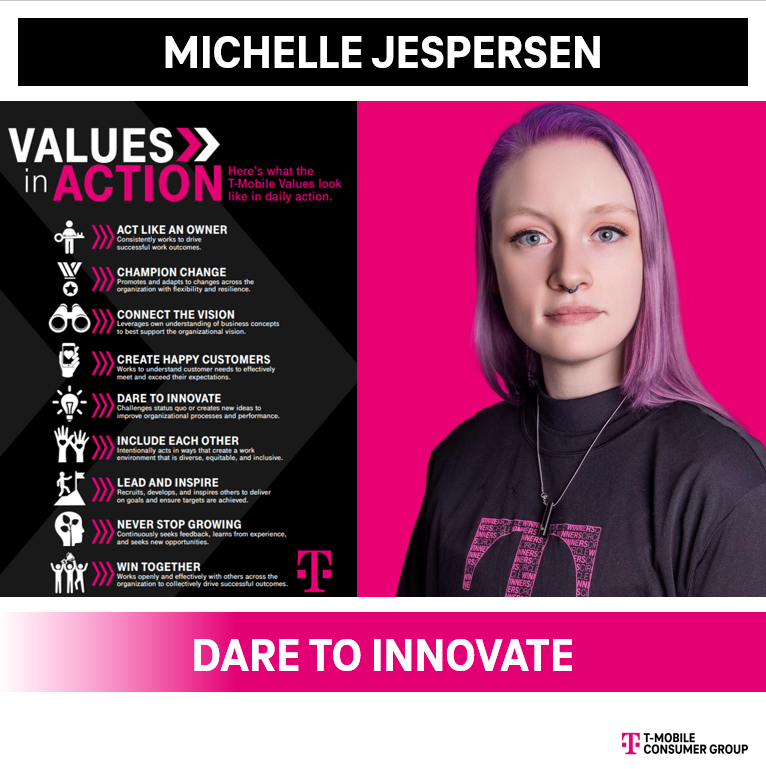 ChappyCLT's tweet image. At T-Mobile we don't sit still. Our teammates are special because they Dare to Innovate and are unafraid to challenge the status quo. Exhibit A is Michelle Jespersen from our Hillsborough NJ location. Thank you for thinking differently Michelle!