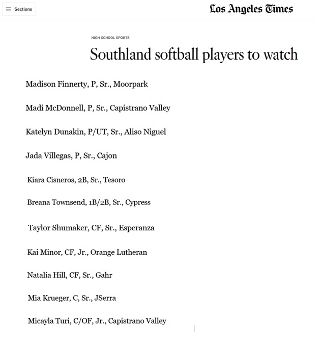 Honored to be included in the LA Times Southland Softball Players Watch List...  A little copy and paste of all of my teammates past and present. Bunch of talented ladies here!
latimes.com/sports/highsch…