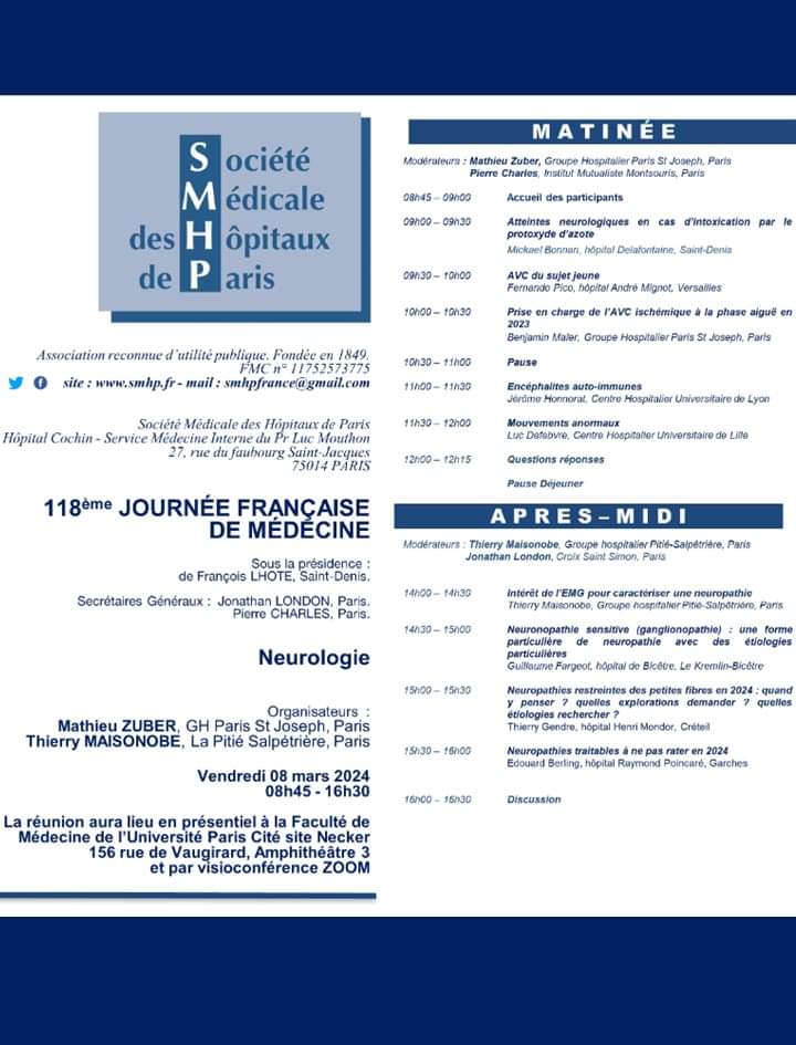 SNFMI (@snfmi_medical) on Twitter photo A vos agendas 📇 !!
Prochaine journée de la SMHP vendredi 8 mars sur la Neurologie 😍avec atteintes du SNC le matin et atteintes du SNP l'après-midi !
En présentiel à la Faculté à Necker et en visio 🤩
Inscriptions : smhpfrance@gmail.com A vos agendas 📇 !!
Prochaine journée de la SMHP vendredi 8 mars sur la Neurologie 😍avec atteintes du SNC le matin et atteintes du SNP l'après-midi !
En présentiel à la Faculté à Necker et en visio 🤩
Inscriptions : smhpfrance@gmail.com