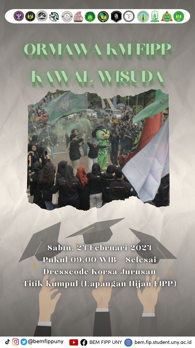 🎓 WISUDARIA KM FIPP UNY 🎓

🗓️ : Sabtu, 24 Februari 2024
🕐 : 09:00 - Selesai
👔 : PDL / Korsa sesuai prodi 
🚩 : Atribut Jurusan (flag, snare drum dll)
📍 : Lapangan Hijau FIPP

Si Alin lempar koin 
Yuk join dan ramein! 🥳