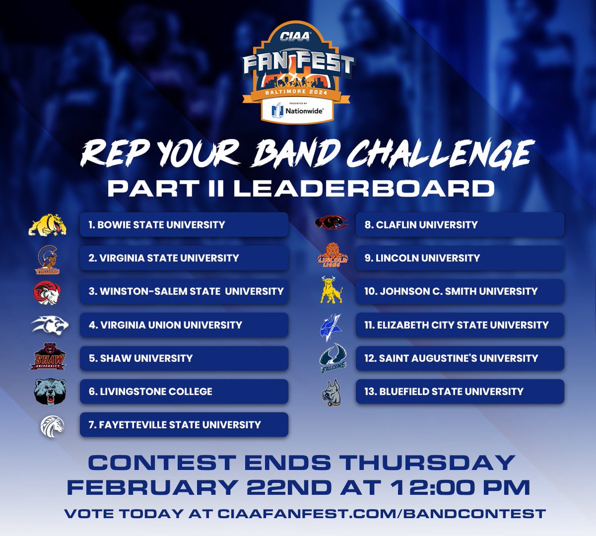 CiaaFanFest's tweet photo. We are only 2 days away from crowning the winners of the #RepyourBandchallenge! 👑 Who will land in the top three? Make sure you vote to rep your squad! Voting ends Thursday, February 22nd at 12:00 PM! Visit https://t.co/osmH7DfMyU to cast your vote.

#2024CIAAFanFest
#Februa ... https://t.co/Cf579DNOwa