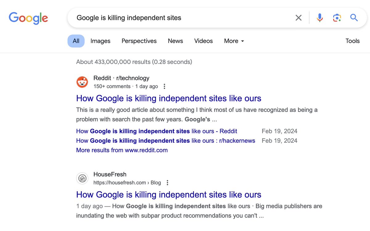 Article complaining about being outranked on Google being outranked by Reddit searchengineland.com/article-compla…