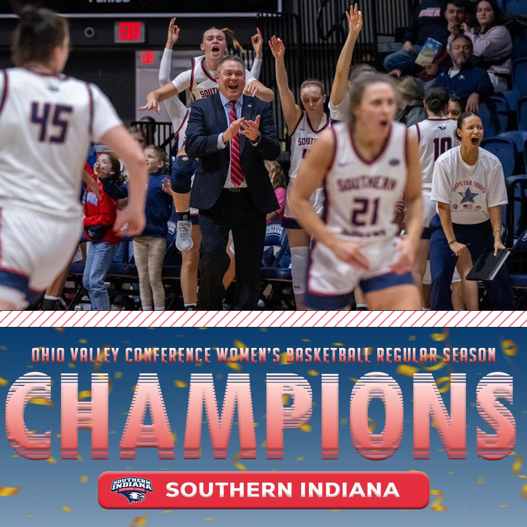 OVCSports's tweet photo. 𝗥𝗘𝗚𝗨𝗟𝗔𝗥 𝗦𝗘𝗔𝗦𝗢𝗡 🏀 𝗖𝗛𝗔𝗠𝗣𝗜𝗢𝗡𝗦‼️

@USIWBB has clinched the 2023-24 OVC Regular Season Championship and No. 1 seed for the #OVCTourney.

It is the first OVC 👑 in any sport by @USIAthletics (who joined the league prior to 2022-23).

#OVCit | #GoUSIEagles https://t.co/J7Apez2MND