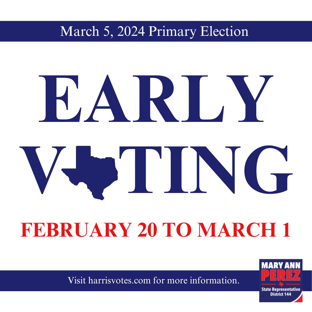 Today is the first day of early voting! You may vote early today through March 1st at any vote center in Harris County. Get a sample ballot and find a vote center at harrisvotes.com. #txlege #HD144