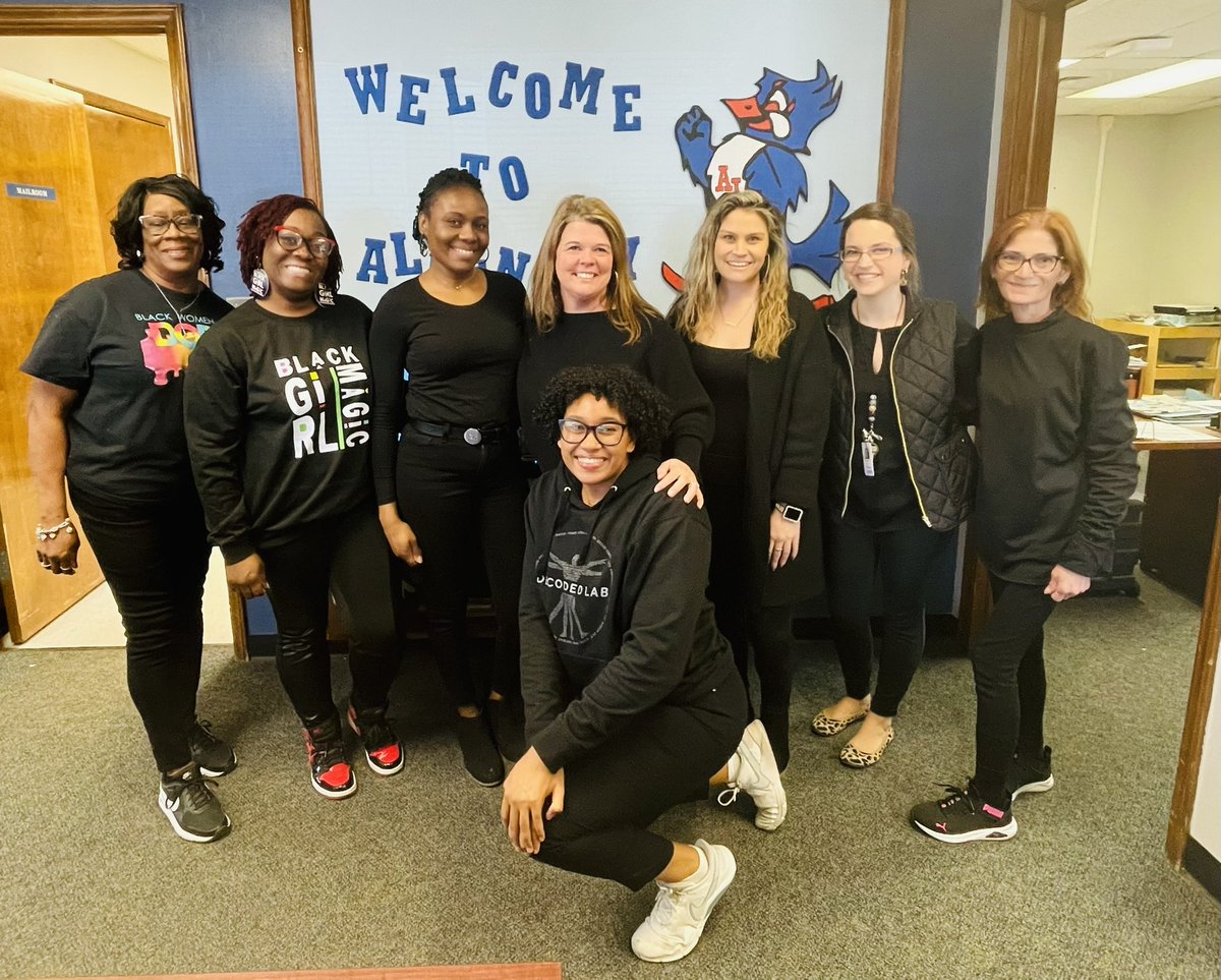 TeachBellS's tweet photo. I love it when the staff comes together. We are celebrating the last full week of Black History Month with some school spirit. We wore black to show our support against racism and bullying. #ONLYONEYOU @ajejaybirds @GCSchoolsNC @beth_callicutt https://t.co/8WPhQx11TJ